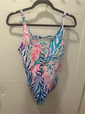 Lilly Pulitzer Ladies Lace-Up One-Piece Swimsuit in Pink, Blue & Teal